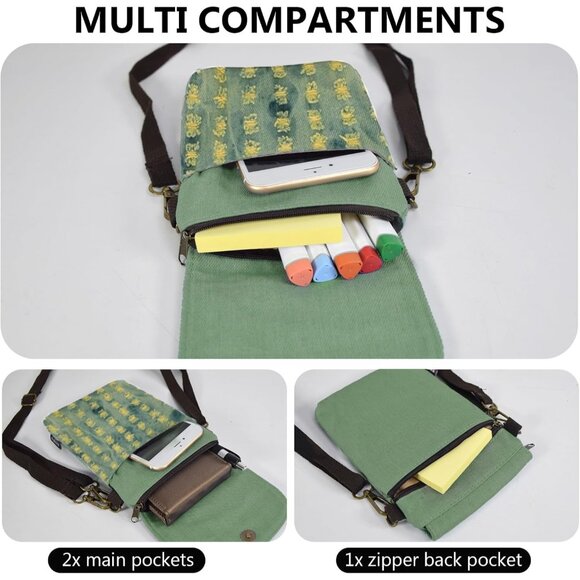 Women's Punk Gree Cotton Handmade Cute Canvas Cross Body Bags Phone Purse - Picture 4 of 7